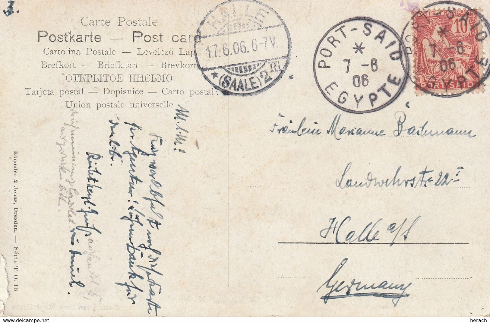 Port Saïd Carte Port Saïd Egypte Pour L'Allemagne 1906 - Briefe U. Dokumente