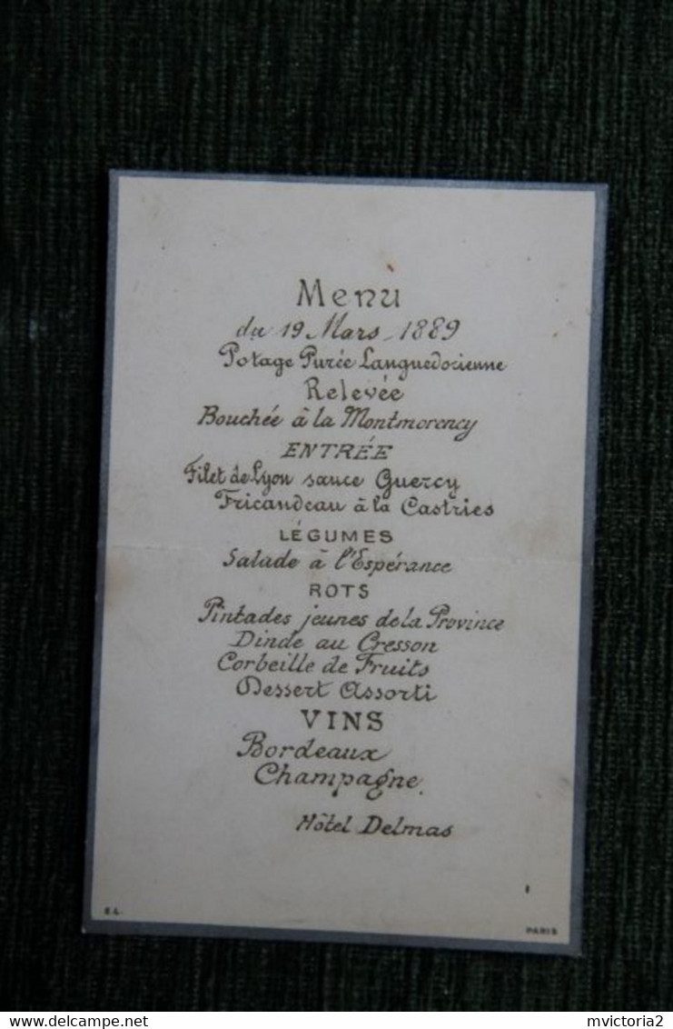 PALAVAS LES FLOTS - Menue Hôtel DELMAS, Le 19 Mars 1889 - Menu