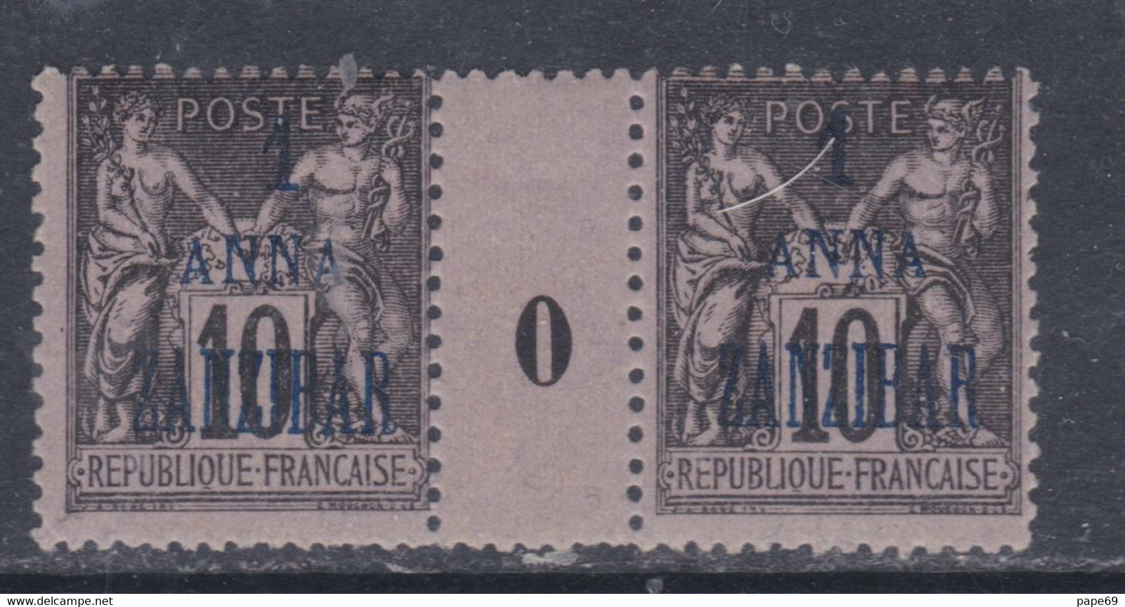 Zanzibar N° 21 XX 1 A. Sur 10 C. Noir Sur Lilas En Paire Millésime 0 Sans Charnière, TB - Nuevos