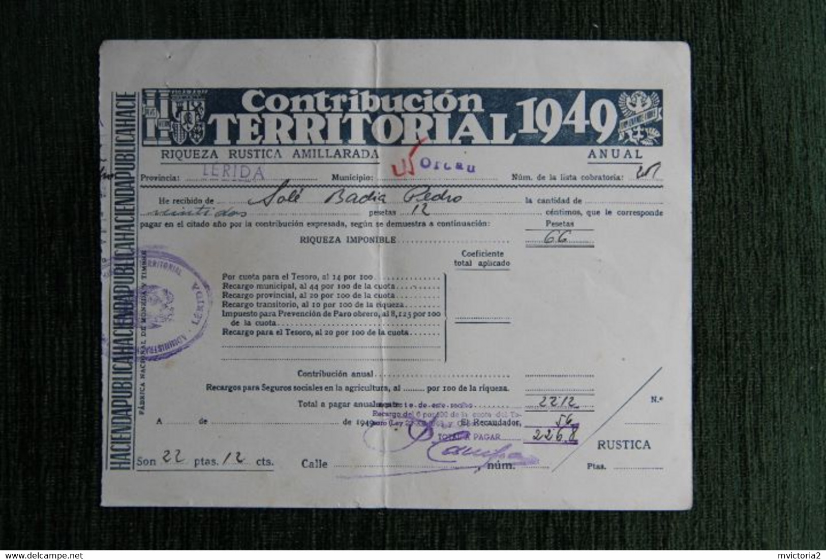 ESPAGNE : Contribucion Territorial 1949 - Spanje