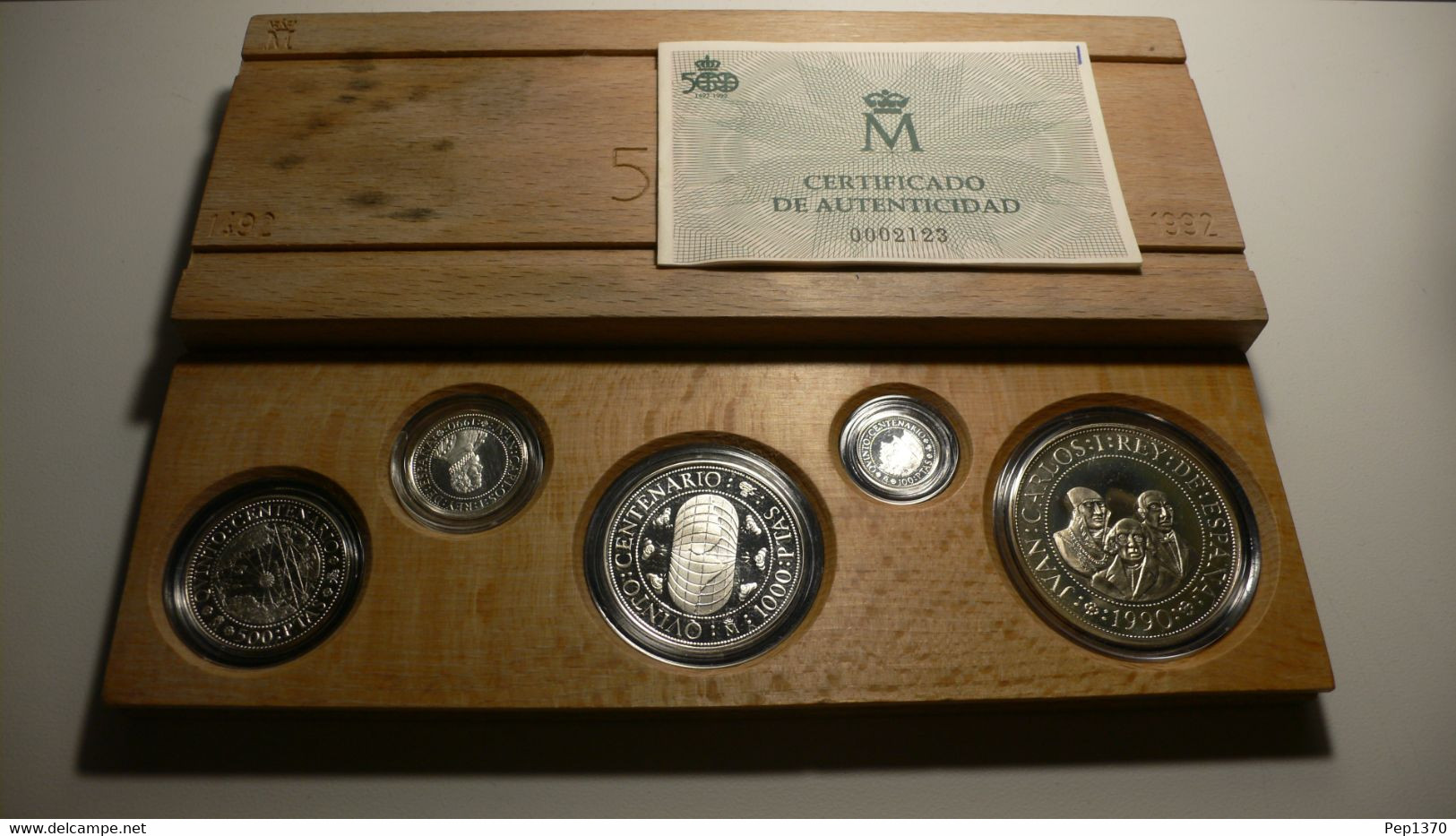 QUINTO CENTENARIO 1990 - SERIE II - JUEGO DE 5 MONEDAS DE PLATA EN ESTUCHE ORIGINAL Y CERTIFICADO -  Collezioni