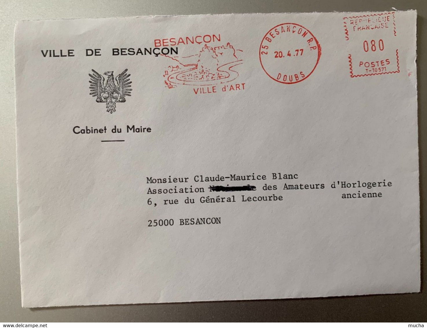 17863 - Cachet Mécanique Rouge Besançon Ville D'art 20.04.1977 Lettre Cabinet Du Maire Pour Assoc Amateurs D'horlogerie - Horlogerie