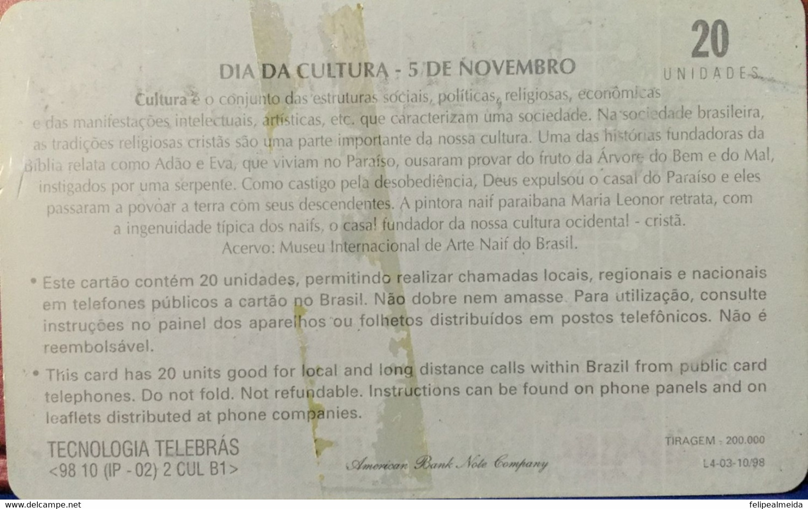 Phone Card Manufactured By Telerj In 1998 - Celebration Of Culture Day 5 November - Cultura