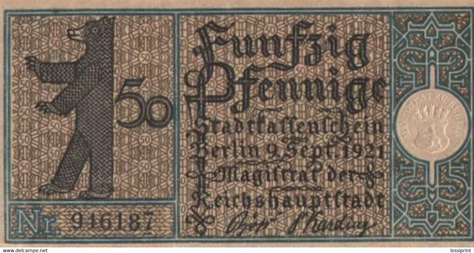 Germany Notgeld:Stadtkassenschein Berlin 50 Pfennig, 6, 1921 - Sammlungen