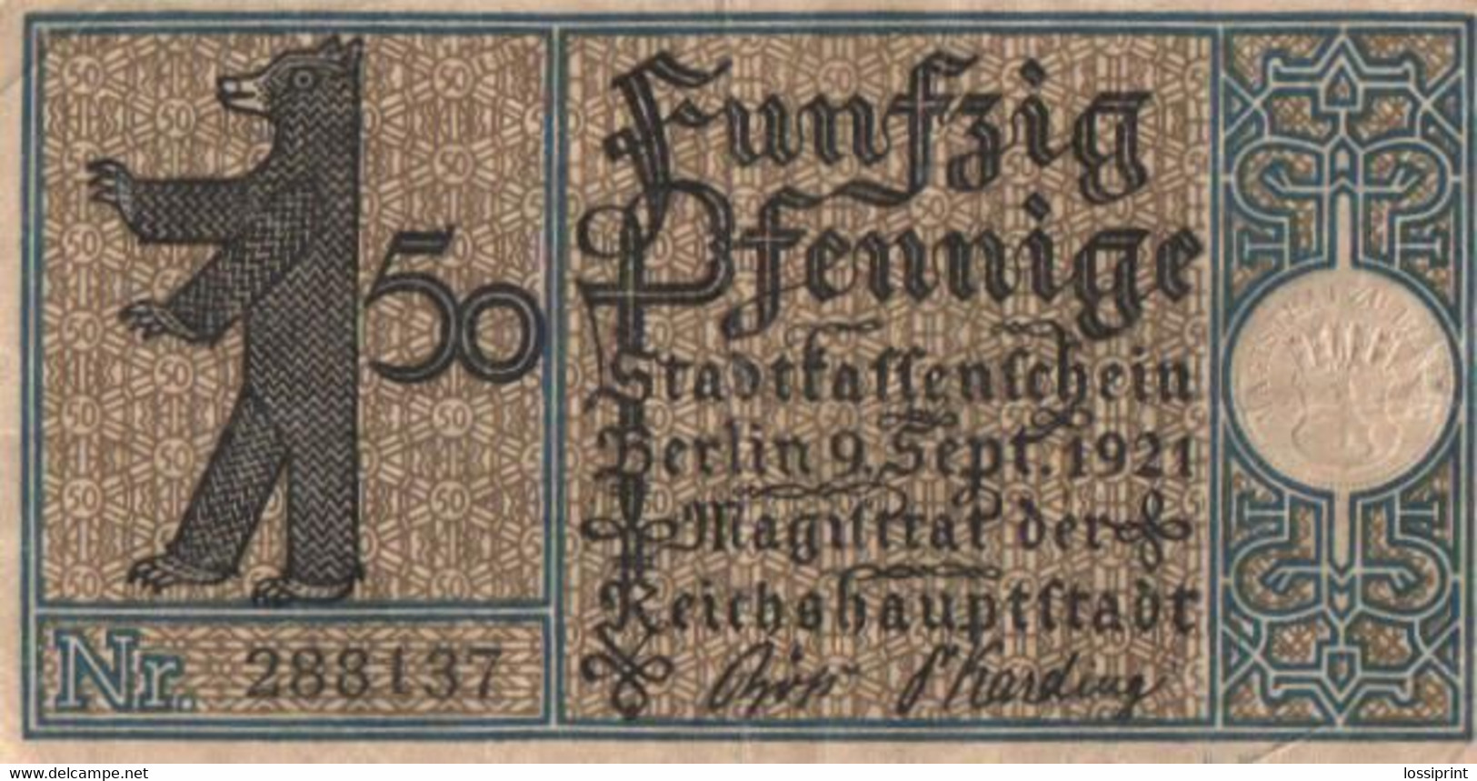 Germany Notgeld:Stadtkassenschein Berlin 50 Pfennig, 9, 1921 - Collections