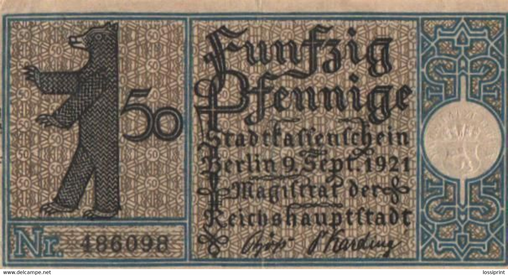 Germany Notgeld:Stadtkassenschein Berlin 50 Pfennig, 19, 1921 - Collections