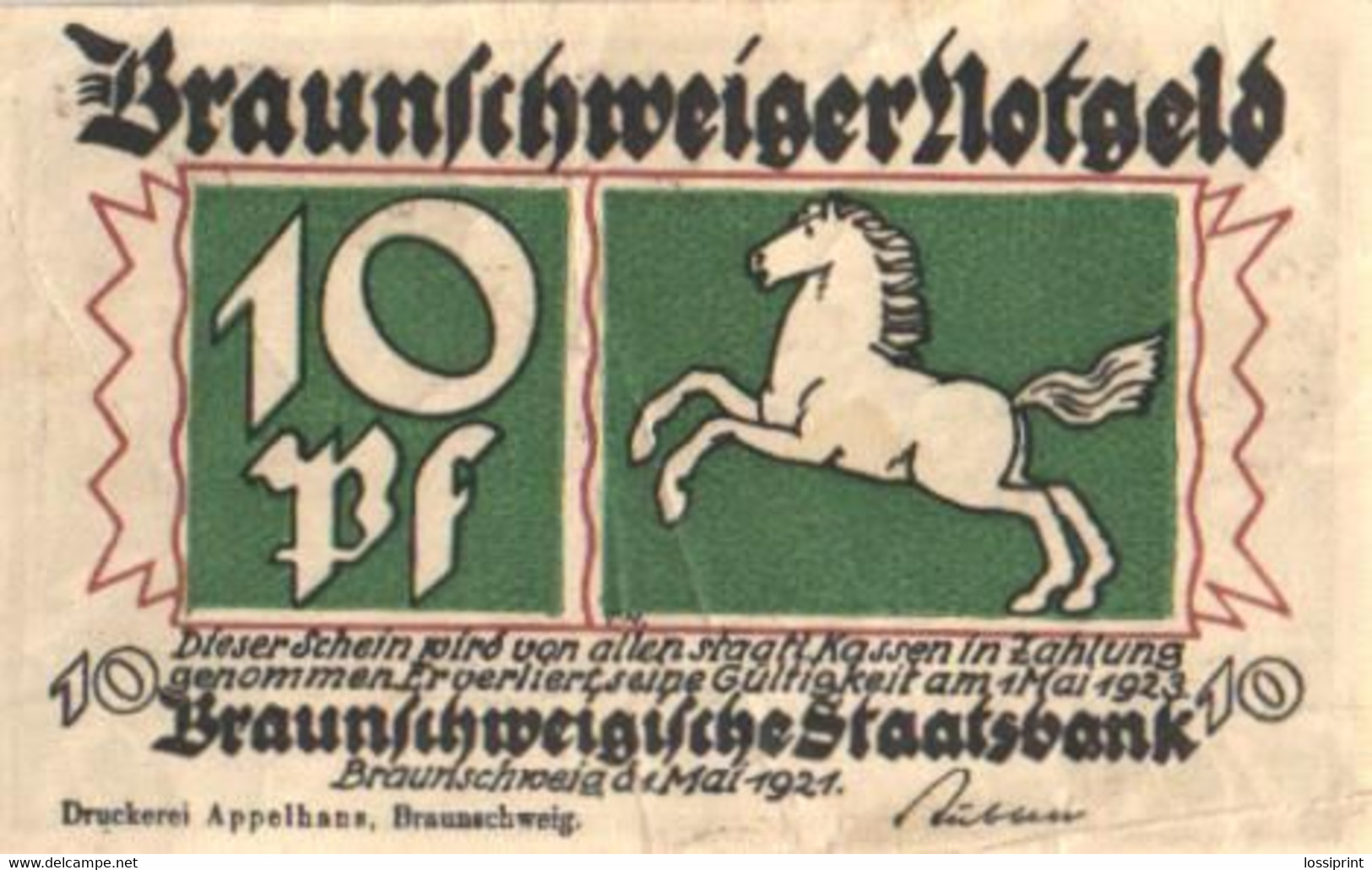 Germany Notgeld:Braunschweiger Staatsbank 10 Pfennig, 1921 - Collections