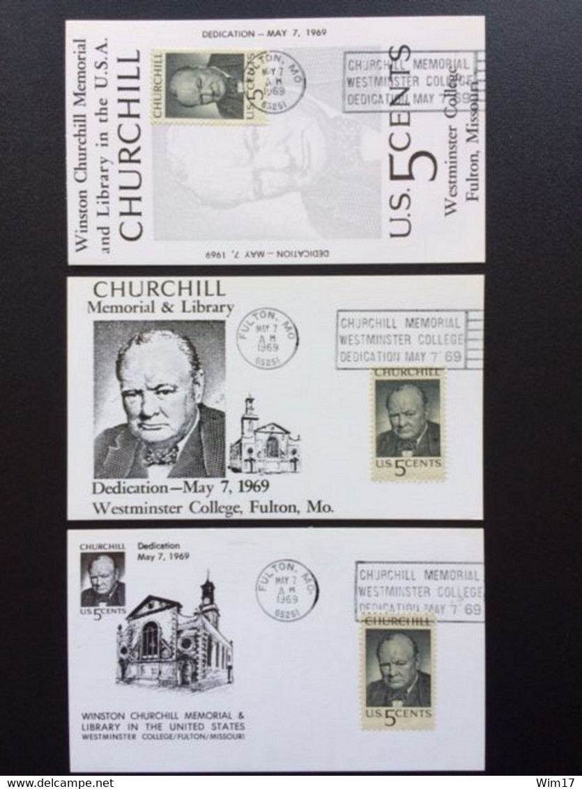 UNITED STATES USA 1969 SET OF 3 MAXIMUM CARDS CHURCHILL MEMORIAL & LIBRARY FULTON VERENIGDE STATEN AMERIKA AMERICA - Cartoline Maximum