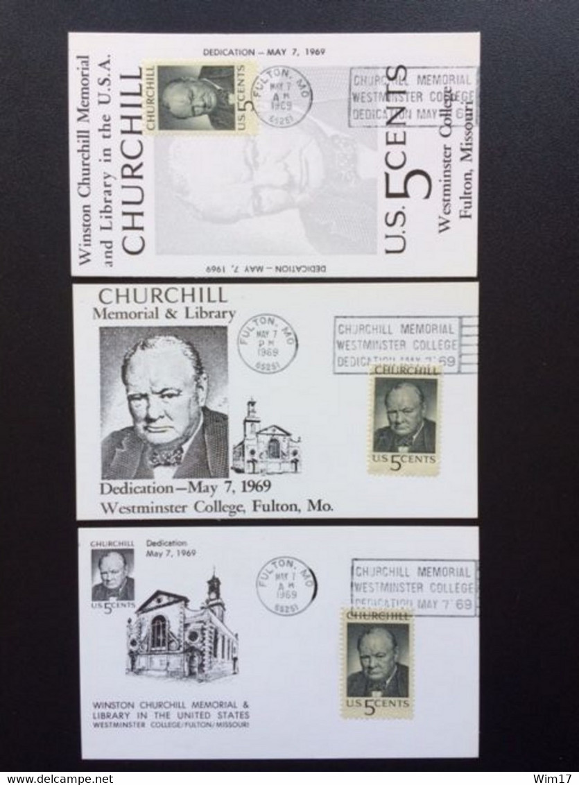 UNITED STATES USA 1969 SET OF 3 MAXIMUM CARDS CHURCHILL MEMORIAL & LIBRARY FULTON VERENIGDE STATEN AMERIKA AMERICA - Maximumkarten (MC)