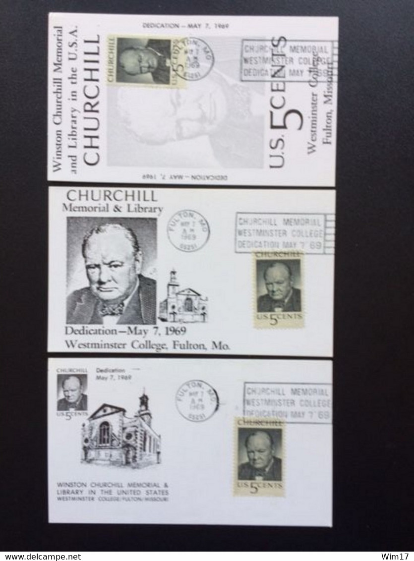 UNITED STATES USA 1969 SET OF 3 MAXIMUM CARDS CHURCHILL MEMORIAL & LIBRARY FULTON VERENIGDE STATEN AMERIKA AMERICA - Cartas Máxima