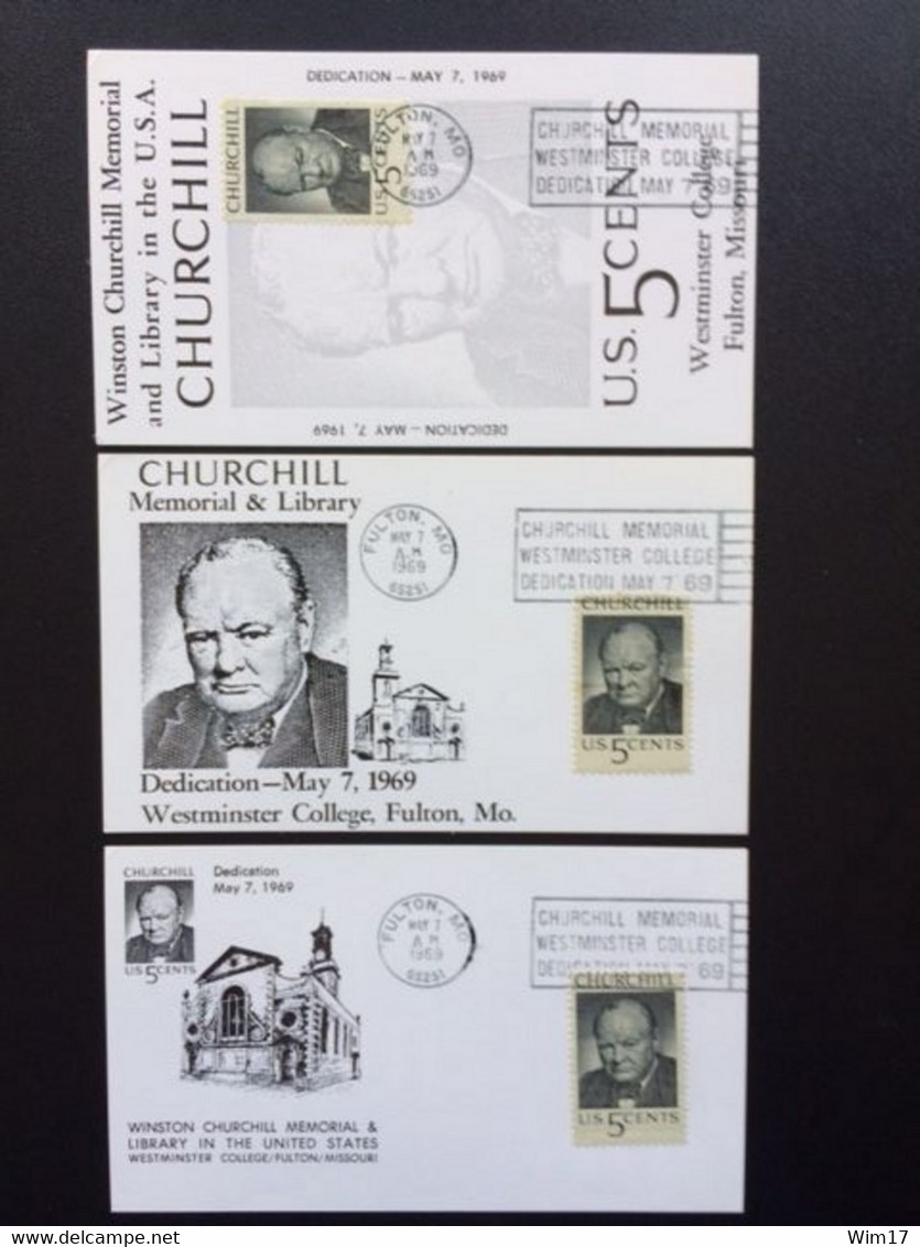 UNITED STATES USA 1969 SET OF 3 MAXIMUM CARDS CHURCHILL MEMORIAL & LIBRARY FULTON VERENIGDE STATEN AMERIKA AMERICA - Cartes-Maximum (CM)