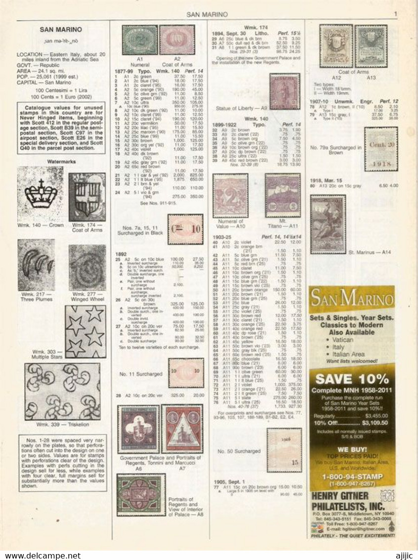 SAN MARINO / SAINT MARIN., Catalogue SCOTT Americain Couleurs, Côtes En US$ Et Numerotations 38 Pages - United States