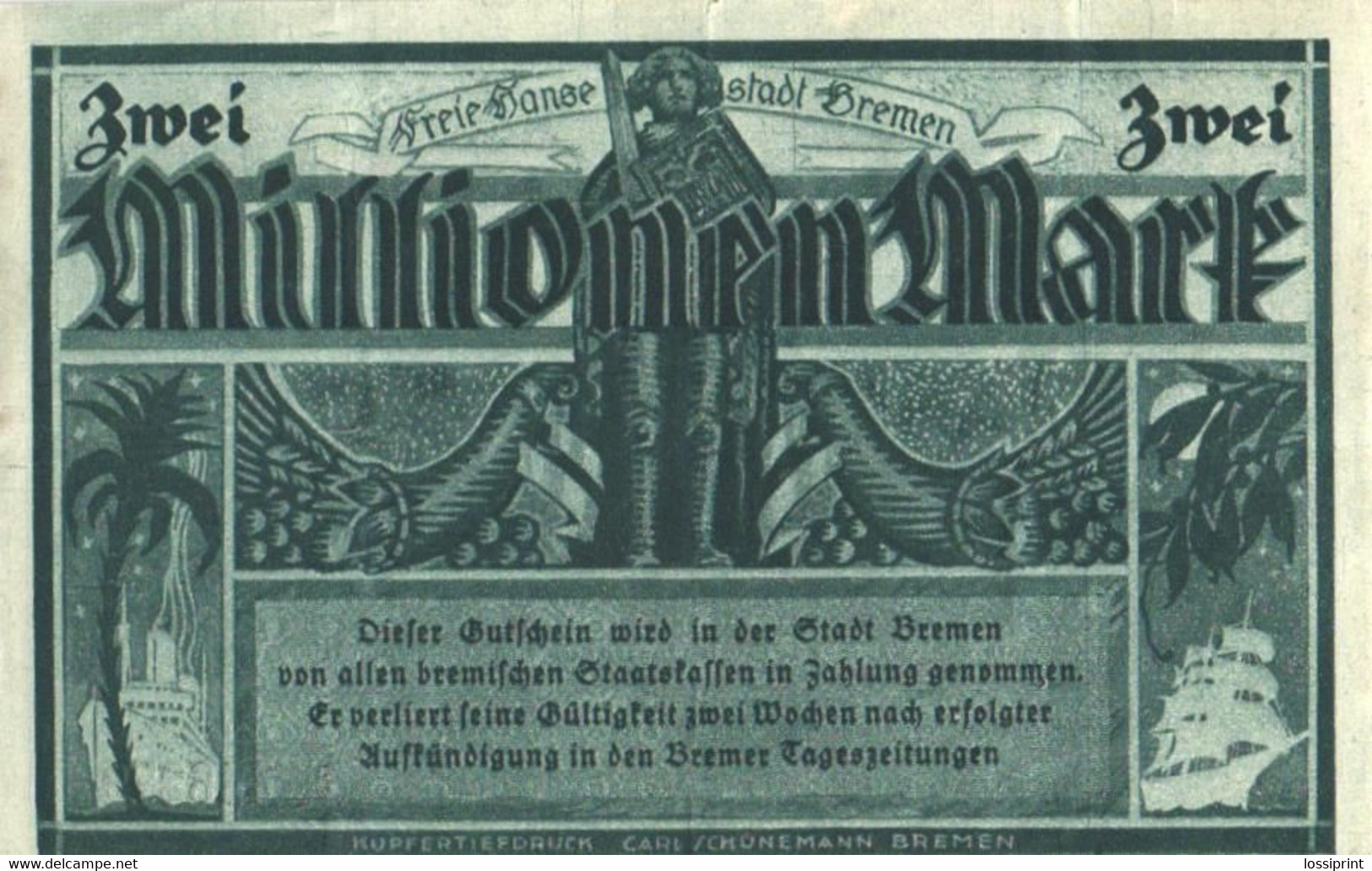 Germany Notgeld:Freie Hansestadt Bremen 2 Million Mark, 1923 - Colecciones