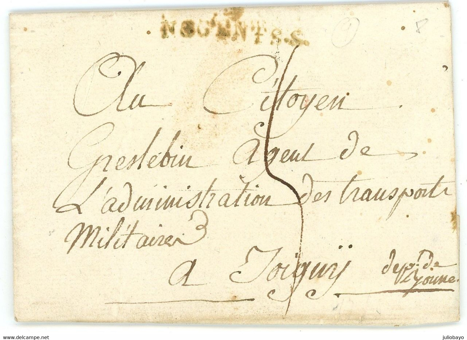25 Prairial An 2 (13 Juin 1794) Lac NOGENT SS Vers JOIGNY Dans L'yonne ,pour Un Agent De Transport Militaire - 1701-1800: Vorläufer XVIII