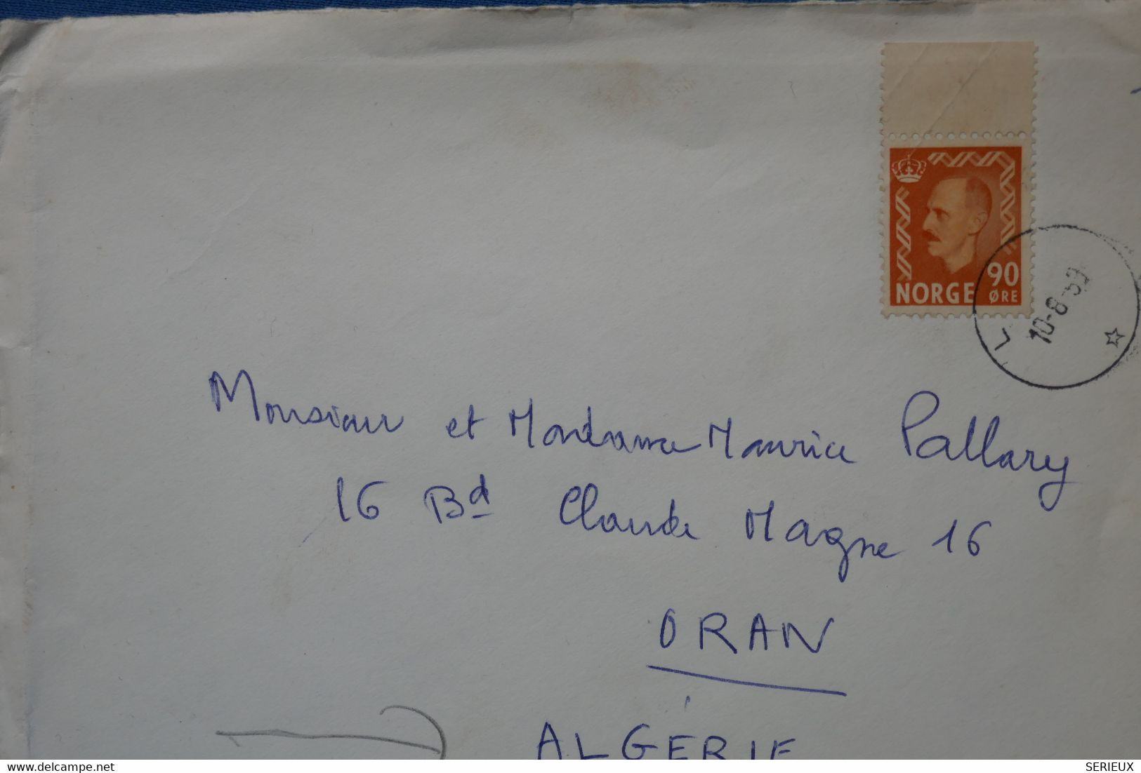 F1  NORVEGE BELLE LETTRE RARE   1959  POUR ORAN ALGERIE +++BORD DE FEUILLE 90 Ore  +AFFRANCH. PLAISANT - - Lettres & Documents