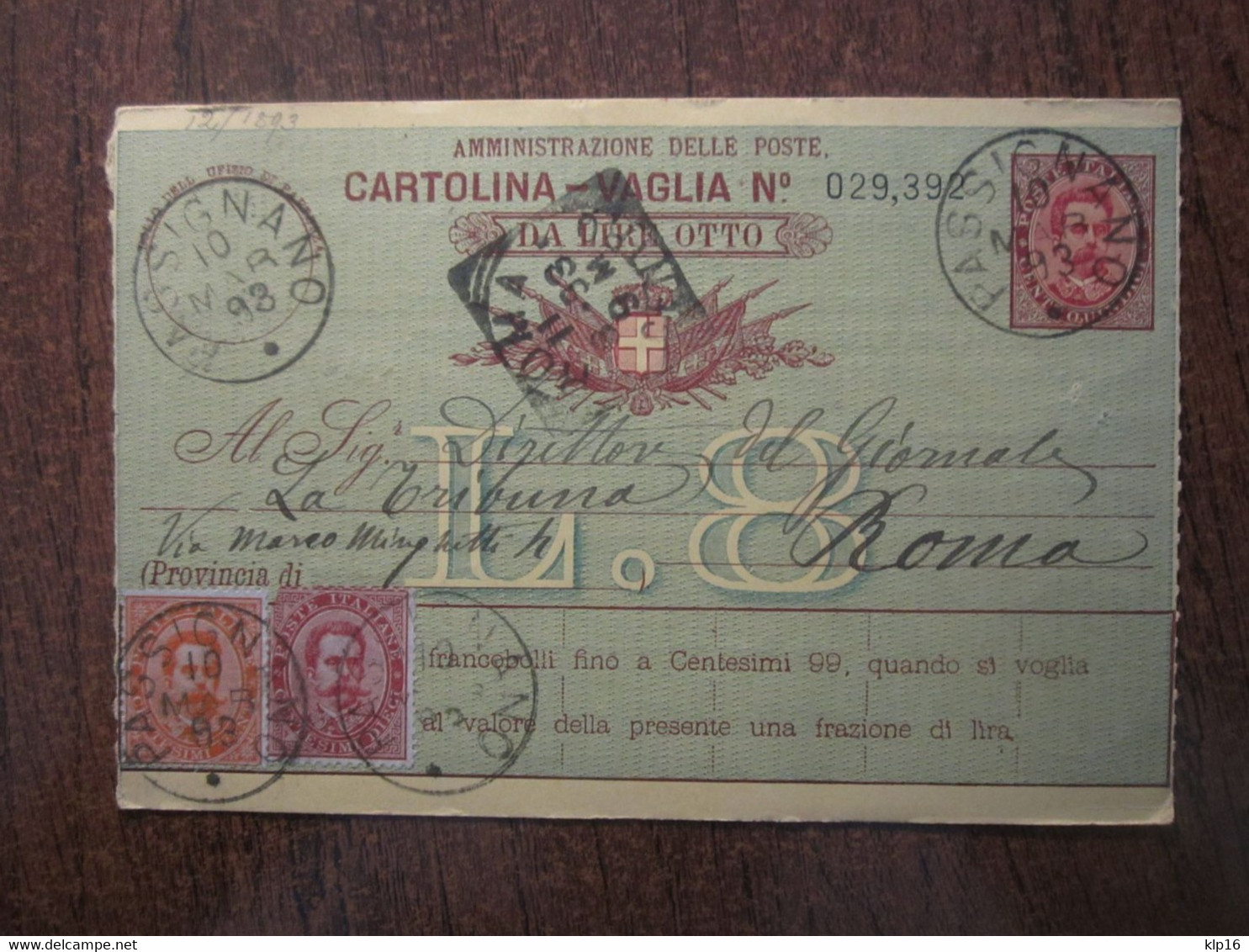 1893 ITALY 8L POSTAL ORDER - Postal Parcels