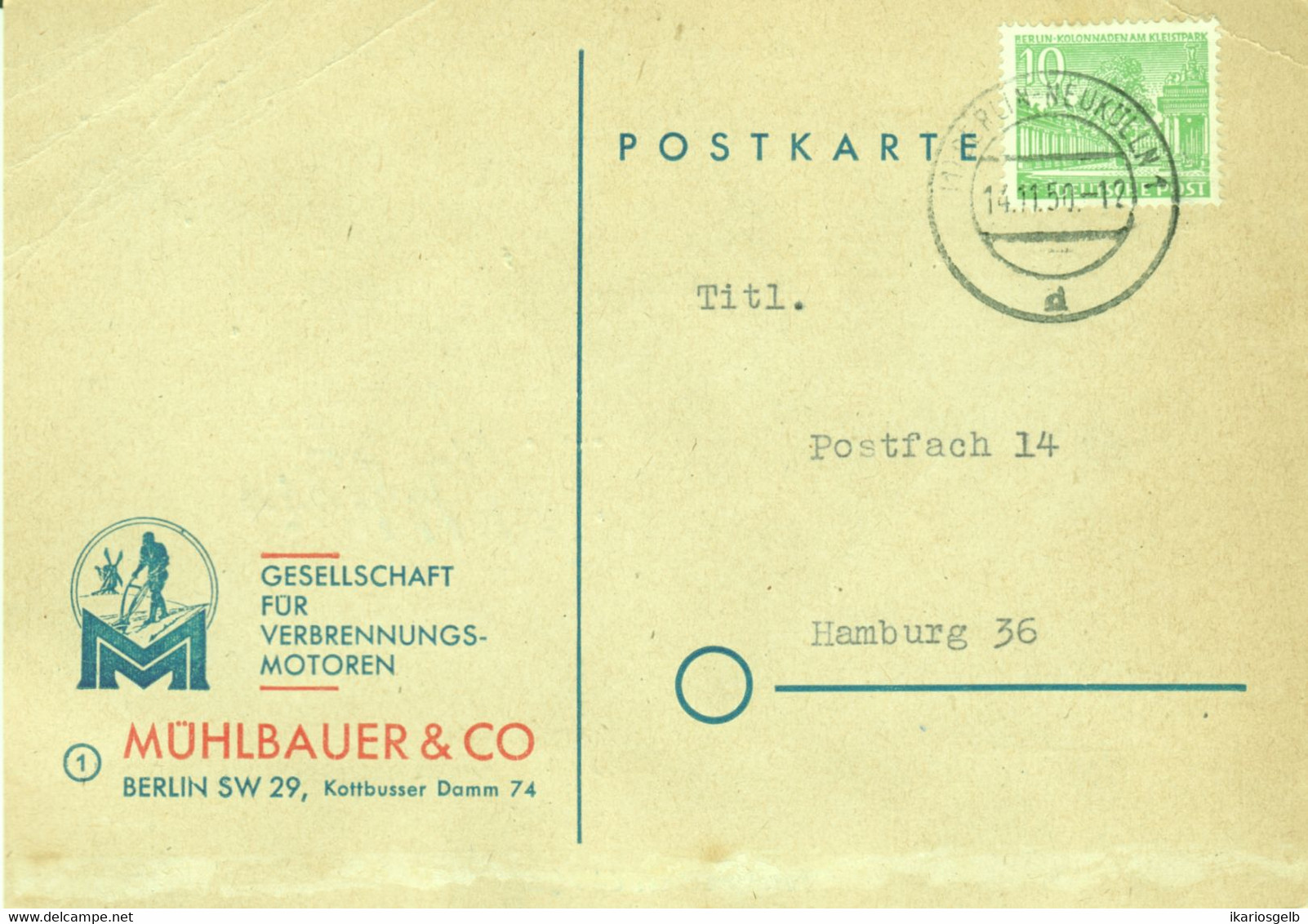 Berlin 1950 " Fa Mühlbauer&Co Ges.f.Verbrennungsmotoren Geschäftspostkarte Vertreter " Bedarf 10Pf > Hamburg - Neukoelln