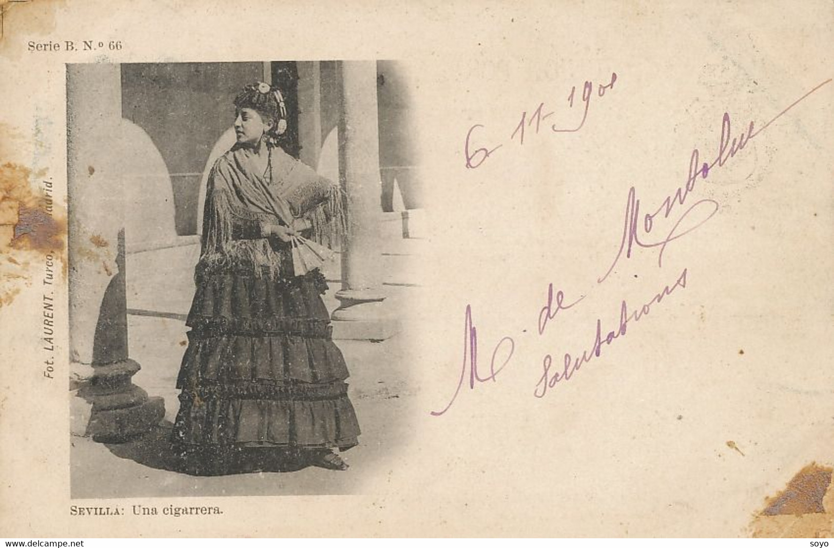 Una Cigarrera Cigarette Vendor Sevilla  Pioneer Card P. Used 1901 To Jassy Iasi Romania Some Defects - Mercanti