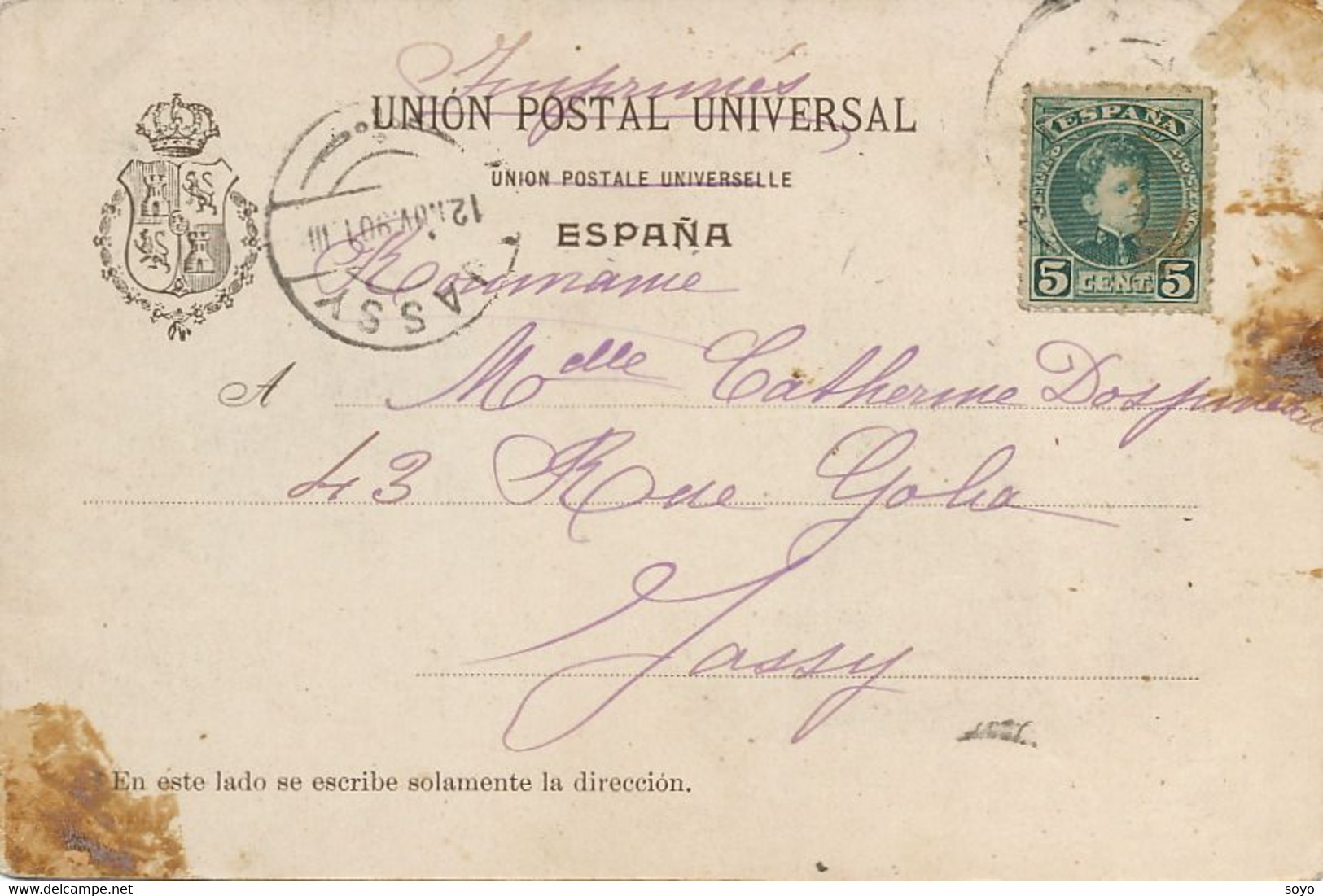 Una Cigarrera Cigarette Vendor Sevilla  Pioneer Card P. Used 1901 To Jassy Iasi Romania Some Defects - Mercaderes