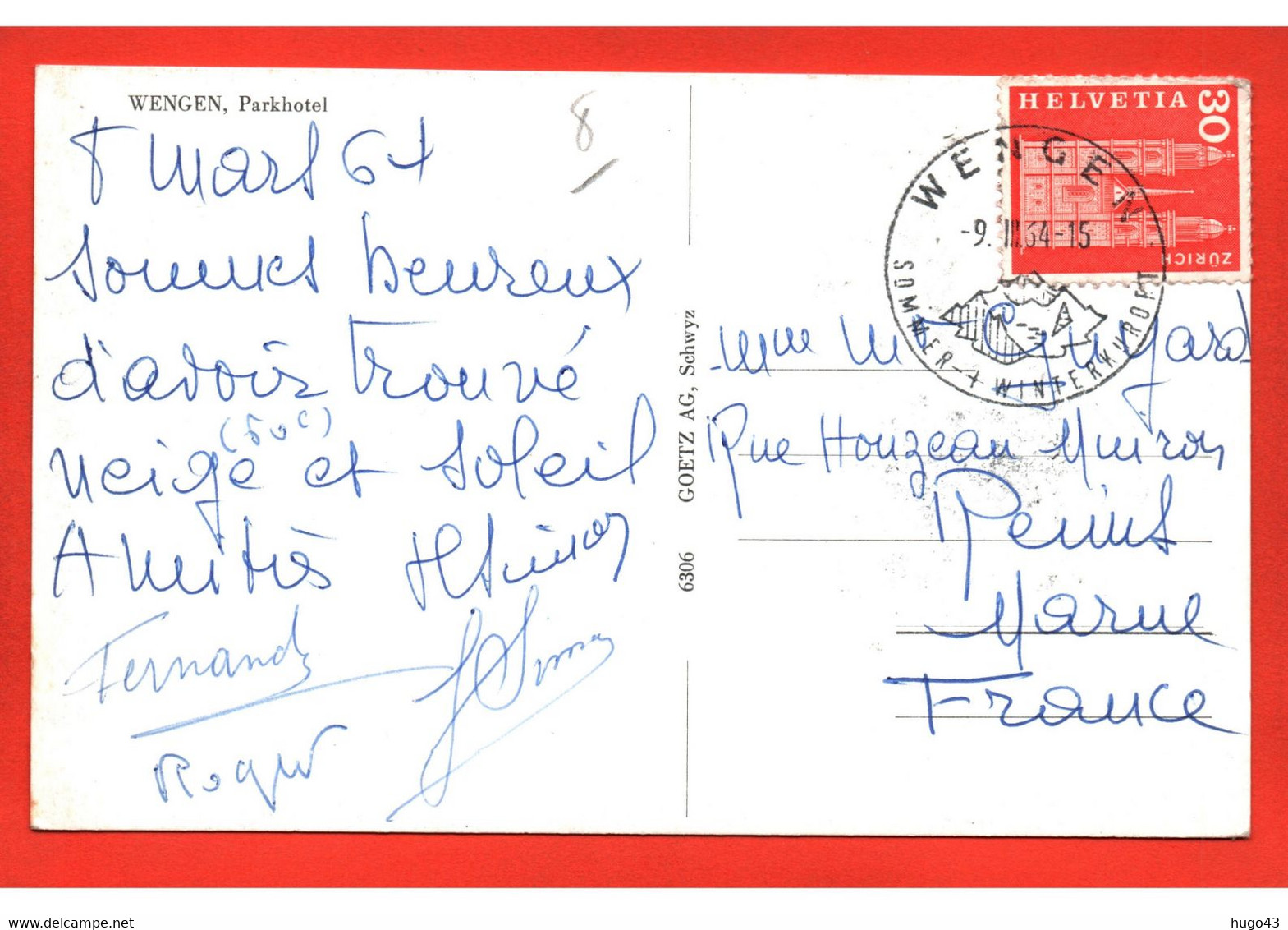 (RECTO / VERSO) WENGEN EN 1964- N° 6306 - PAKHOTEL - BEAU TIMBRE ET CACHET - FORMAT CPA - - Wengen