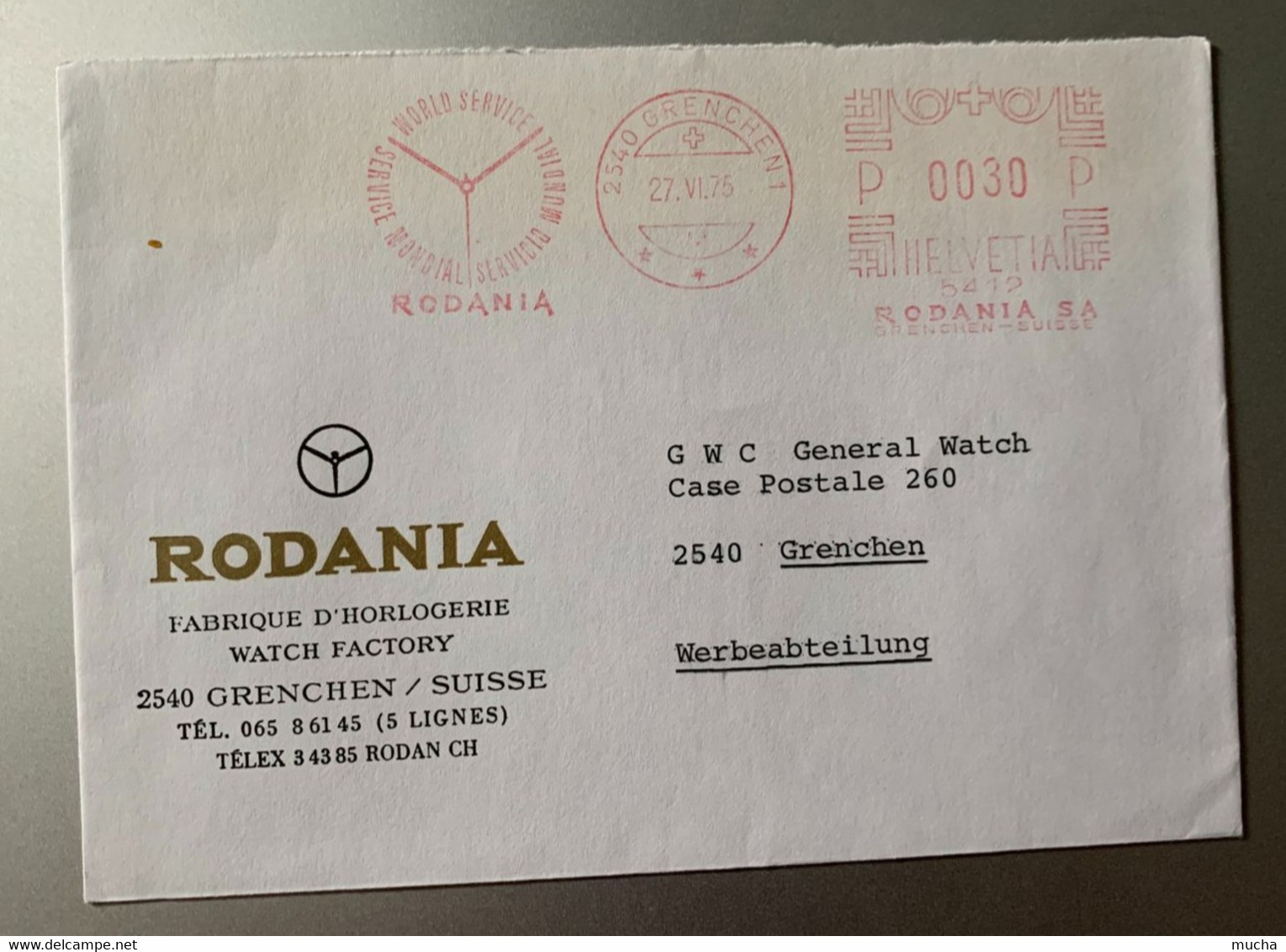 17890 -  Lettre Cachet Mécanique Rouge Rodania Service Mondial Grenchen 27.05.1975 - Horlogerie