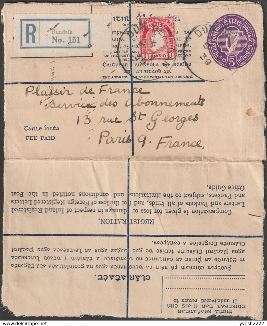 Irlande 1939 Michel EU4aA, Entier Postal Enveloppe Recommandée. 5 P Fee Paid 14 Mm, 134x83. Dundalk à Paris - Postwaardestukken