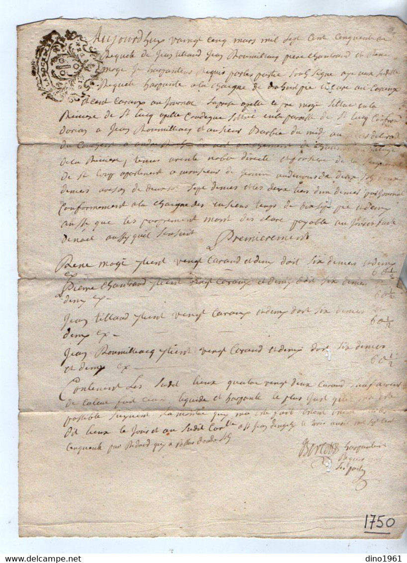 VP19.301 - Cachet De Généralité De LA ROCHELLE - Acte De 1750 - Arpentement - LANDES - Algemene Zegels