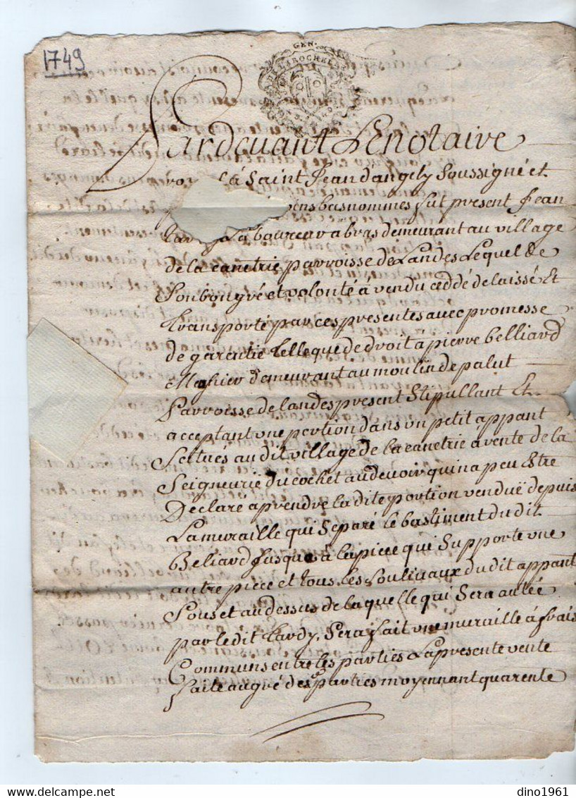 VP19.302 - LA ROCHELLE X SAINT JEAN D'ANGELY - Acte De 1749 Concernant Mr P. BILLARD Au Moulin Pallut à LANDES - Seals Of Generality
