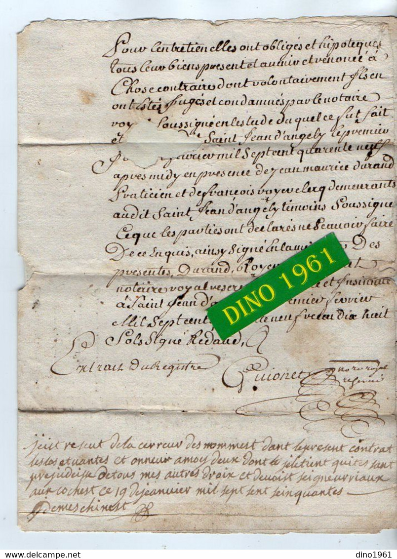 VP19.302 - LA ROCHELLE X SAINT JEAN D'ANGELY - Acte De 1749 Concernant Mr P. BILLARD Au Moulin Pallut à LANDES - Cachets Généralité