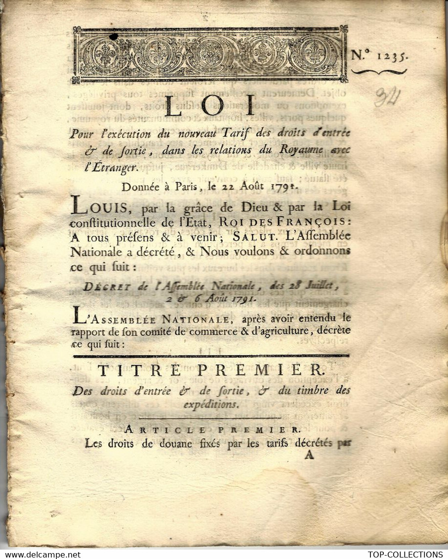 1791 RÉVOLUTION COMMERCE AVEC L'ETRANGER ORGANISATION De La DOUANE ET DES TARIFS DOUANIERS VOIR SCANS+HISTORIQUE - Historische Documenten