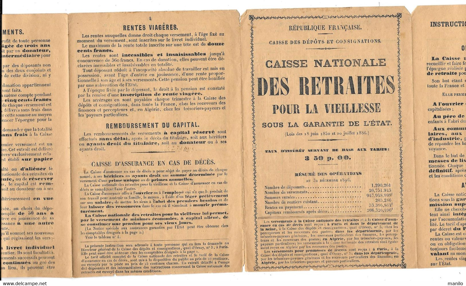 CAISSE NAT. Des RETRAITES Pour La VIEILLESSE 31/12/1896 - Sous Garantie De L'Etat - CAISSE DEPOTS Et CONSIGNATIONS 4 Feu - Banco & Caja De Ahorros