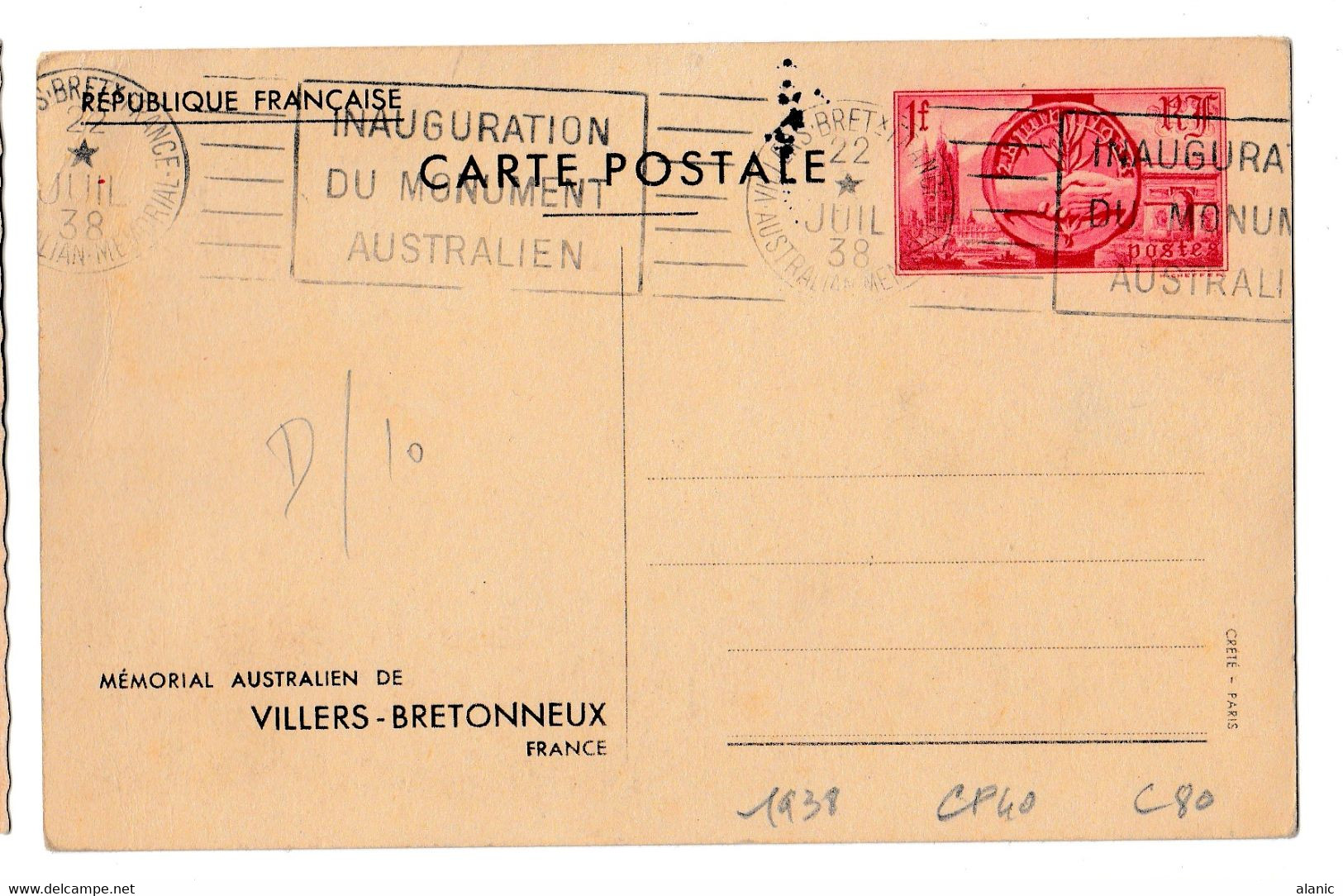 INAUGURATION DU MONUMENT AUSTRALIEN"  Du 22/07/38 Sur Entier 39 1 Fr  CIRCULE - Cartes Postales Types Et TSC (avant 1995)