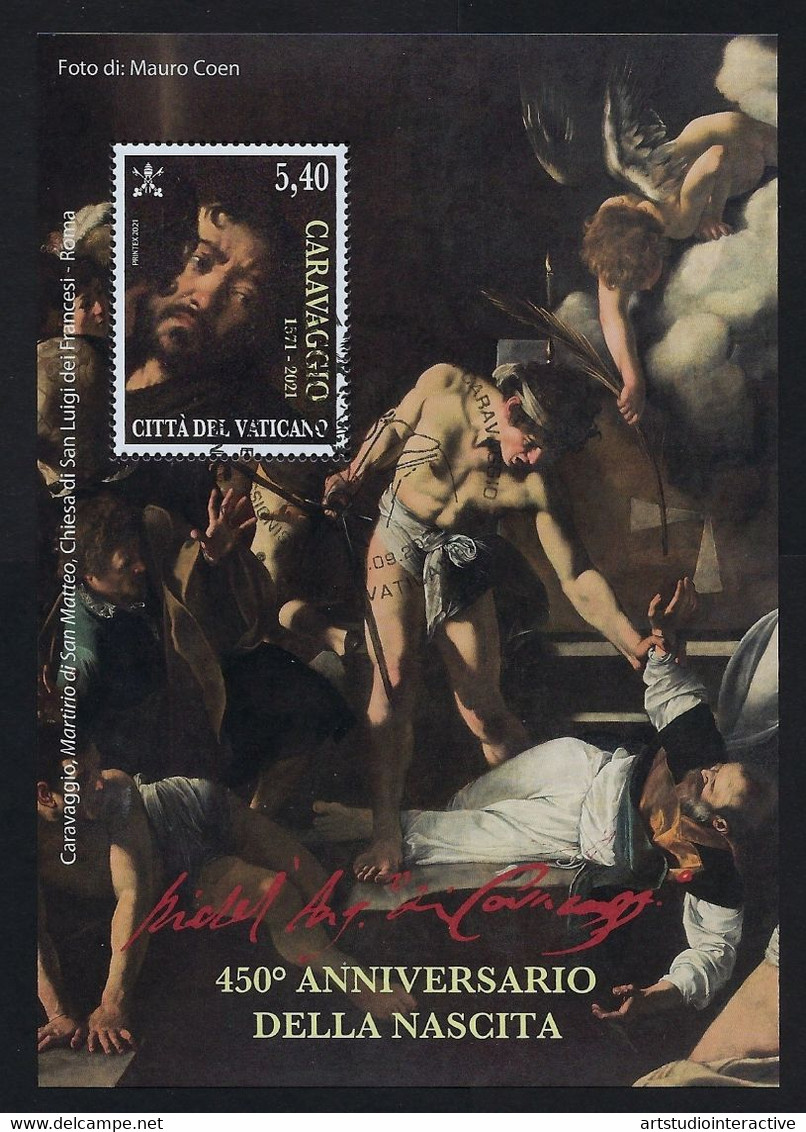 2021 VATICANO "450° ANNIVERSARIO NASCITA CARAVAGGIO" BF ANNULLO GIORNO DI EMISSIONE - Gebruikt