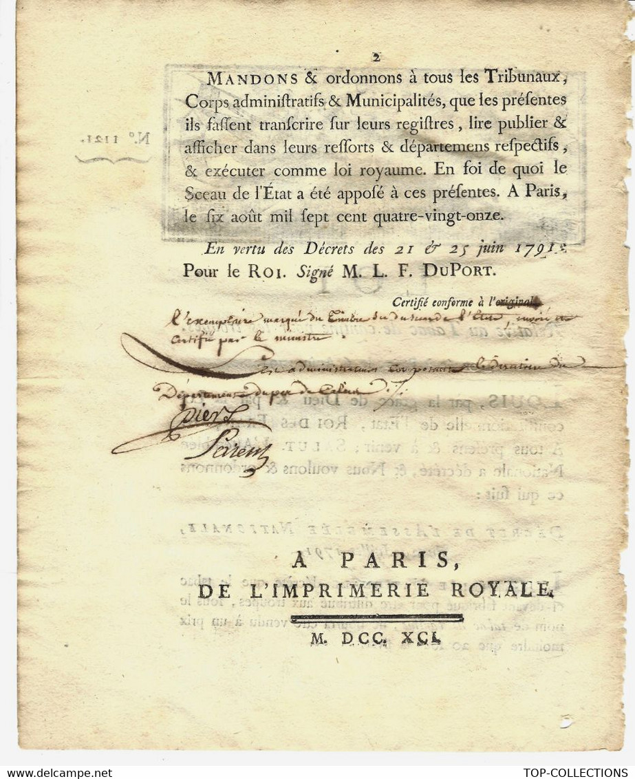 1791 REVOLUTION ARMEE LOI RELATIVE AU TABAC DE CANTINE POUR LE MORAL DES TROUPES VOIR SCANS+HISTORIQUE - Decretos & Leyes
