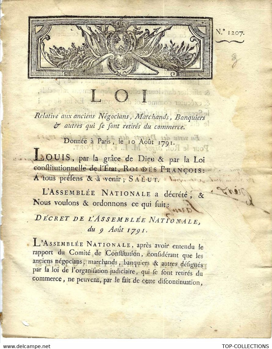 1791 COMMERCE  LOI RELATIVE AUX NEGOCIANTS MARCHANDS BANQUIERS - Décrets & Lois