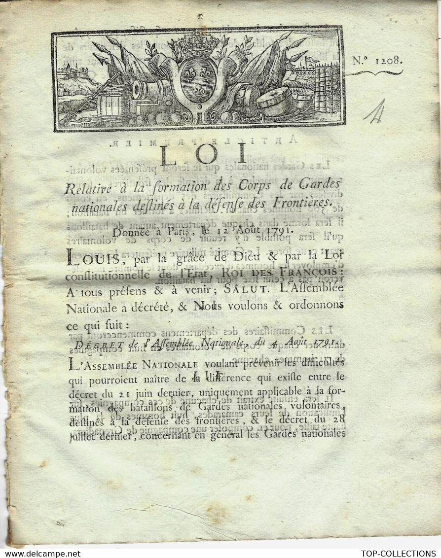 UNE DES PRIORITES 1791 REVOLUTION ARMEE GARDES NATIONALES ORGANISATION PROTECTION DES FRONTIERES - Décrets & Lois