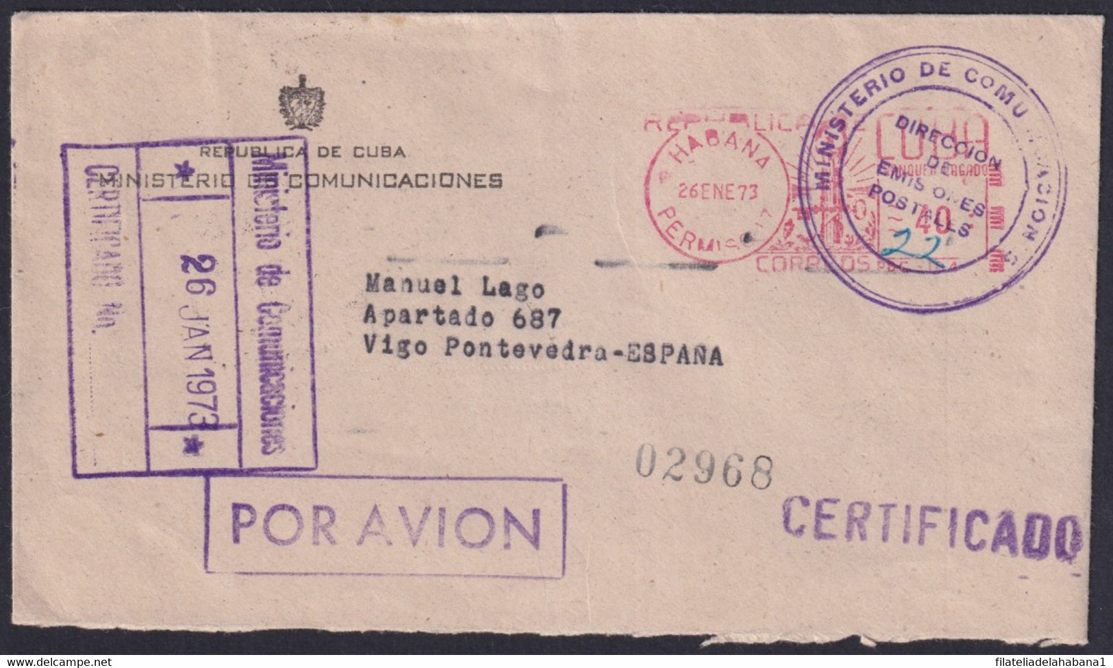 1973-H-22 CUBA 1973 OFFICIAL REGISTERED COVER HABANA TO PONTEVEDRA SPAIN EMISIONES POSTALES. - Covers & Documents