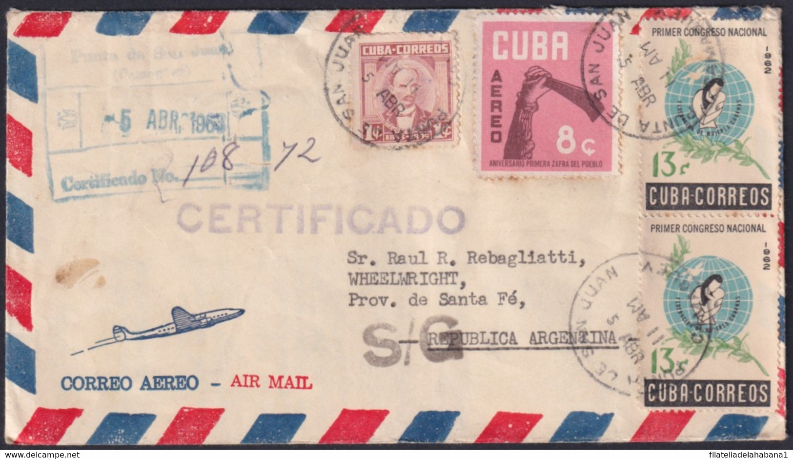 1962-H-74 CUBA 1962 13c FMC REGISTERED COVER TO ARGENTINA S/G POSTMARK. - Covers & Documents