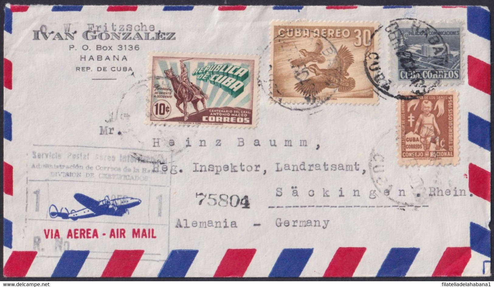 1956-H-83 CUBA 1956 30c BIRD AVES REGISTERED COVER + INTERNATIONAL SPECIAL DELIVERY. - Lettres & Documents
