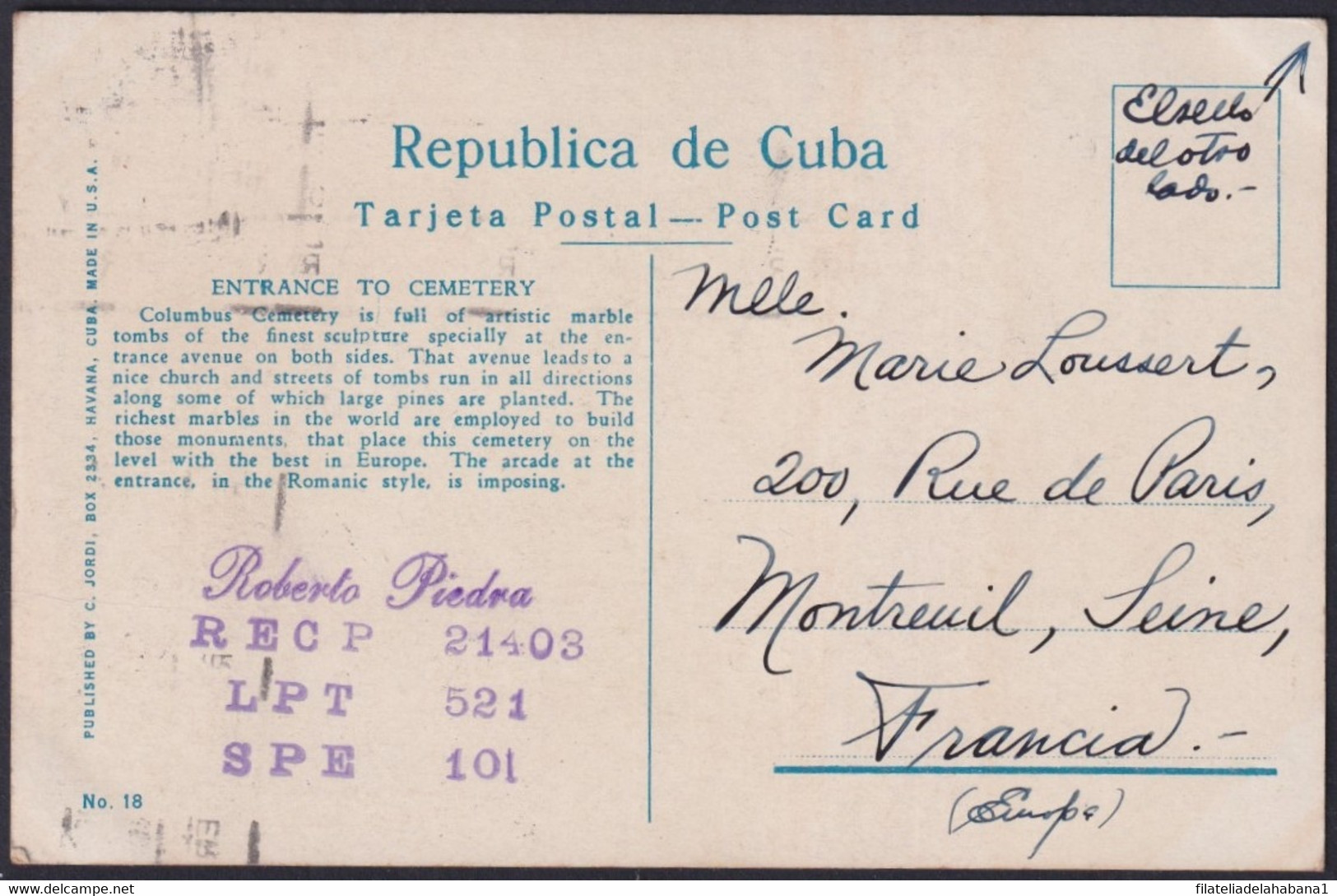 1917-H-398 CUBA 1917 1-2c POSTCARD COLUMBUS CEMENTERY 1932 TO FRANCE CANCEL   SUGAR QUIEN MAS NOS COMPRE. - Lettres & Documents