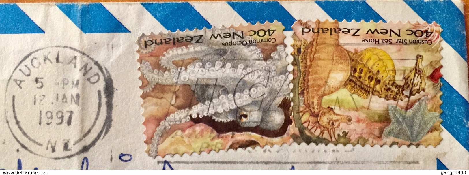 NEW ZEALAND 1997, USED AIRMAIL COVER TO INDIA HORSE FISH & OCTOPUS 2 SELF ADHESIVE STAMPS,AUCKLAND CANCELLATION - Briefe U. Dokumente