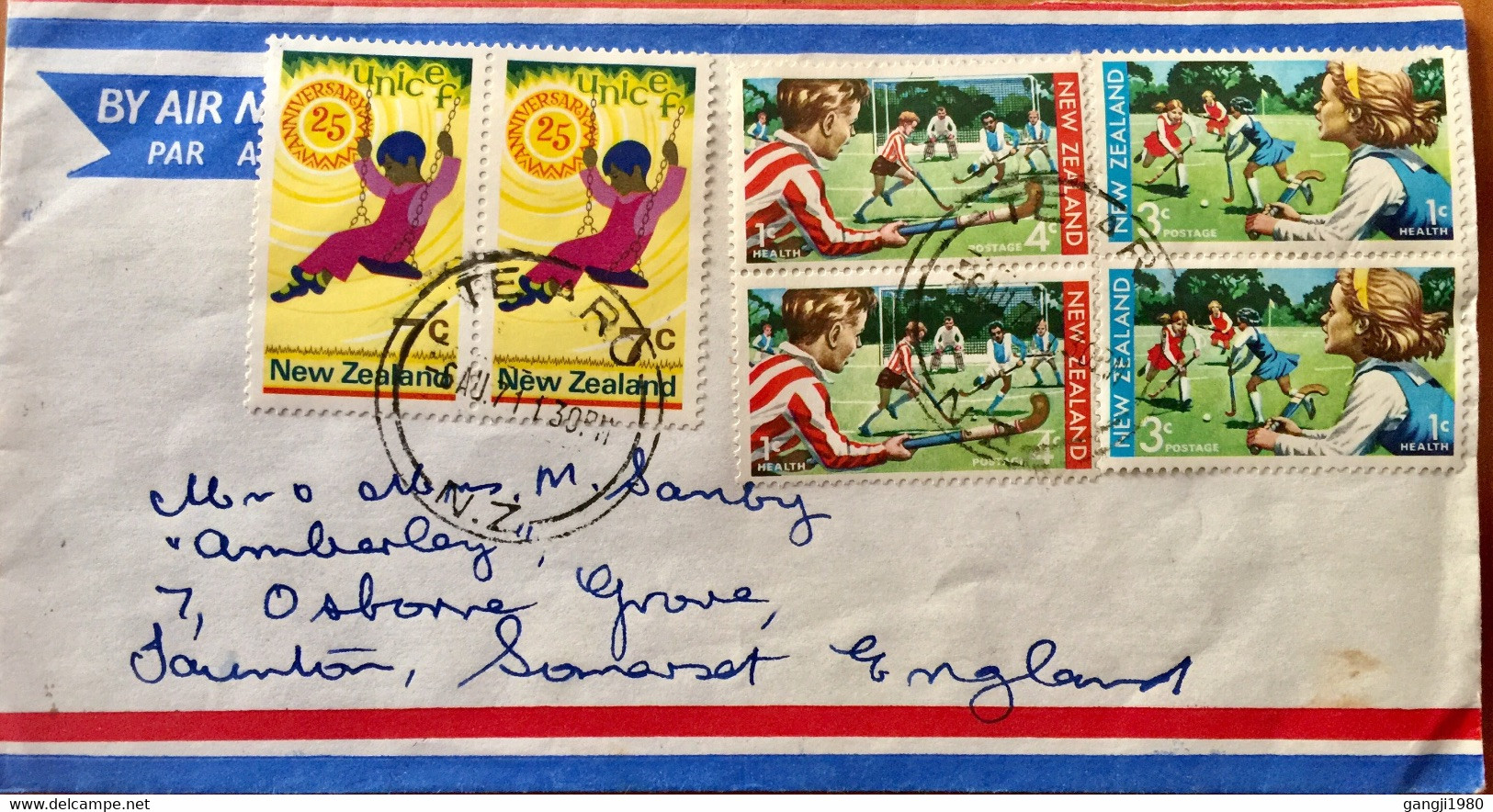 NEW ZEALAND 1971, USED AIRMAIL COVER TO ENGLAND HEALTH,HOCKEY GIRL PLAYERS SWIMMING CHILD 6 STAMPS!!! TEARO CANCELLATIO! - Briefe U. Dokumente