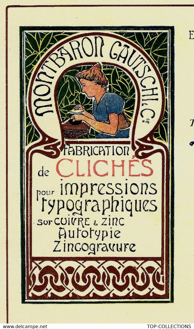 CIRCA 1900 ENTETE ART NOUVEAU MONTBARON GAUTSCHI & Cie Clichés Impressions Lithographie à Neuchatel Suisse - Switzerland