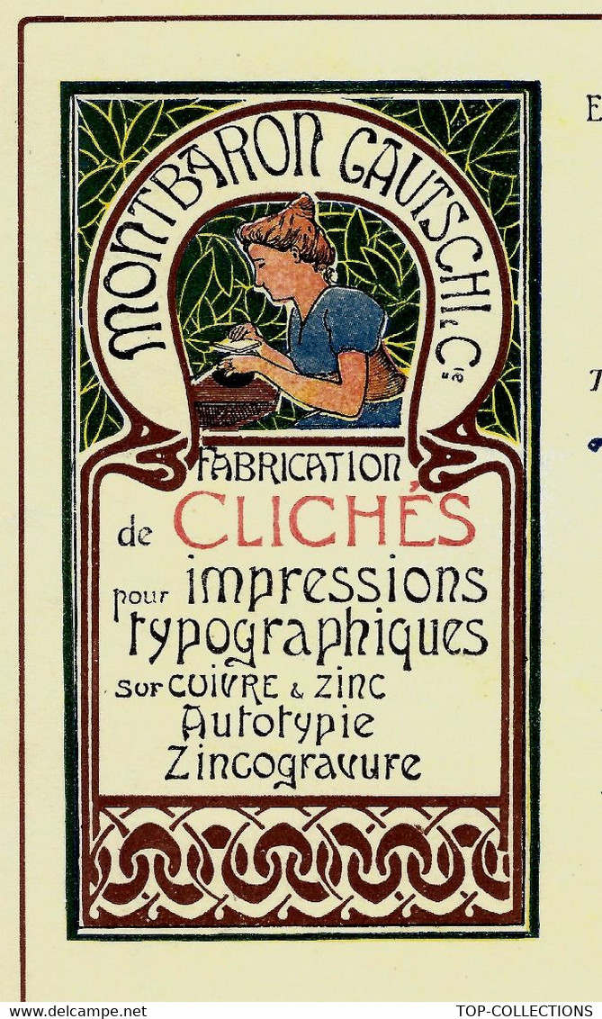 CIRCA 1900 ENTETE ART NOUVEAU MONTBARON GAUTSCHI & Cie Clichés Impressions Lithographie à Neuchatel Suisse - Svizzera