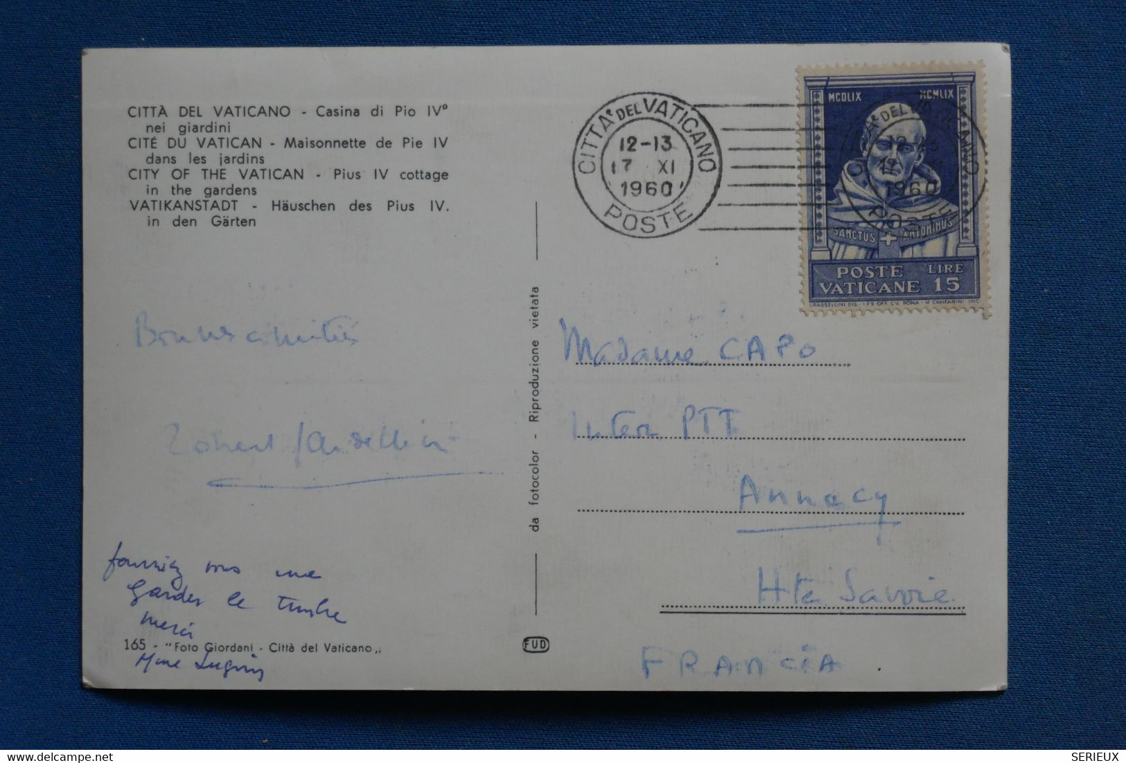 AS4 VATICAN   BELLE CARTE 1960 POUR ANNECY ++AFFRANCH. PLAISANT - Briefe U. Dokumente