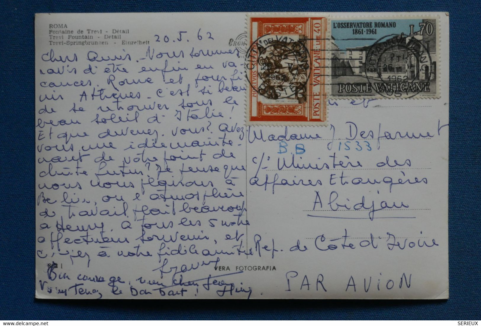 AS4 VATICAN   BELLE CARTE 1962 ROMA POUR ABIDJAN COTE IVOIRE +FONTAINE TREVI+AFFRANCH. PLAISANT - Lettres & Documents