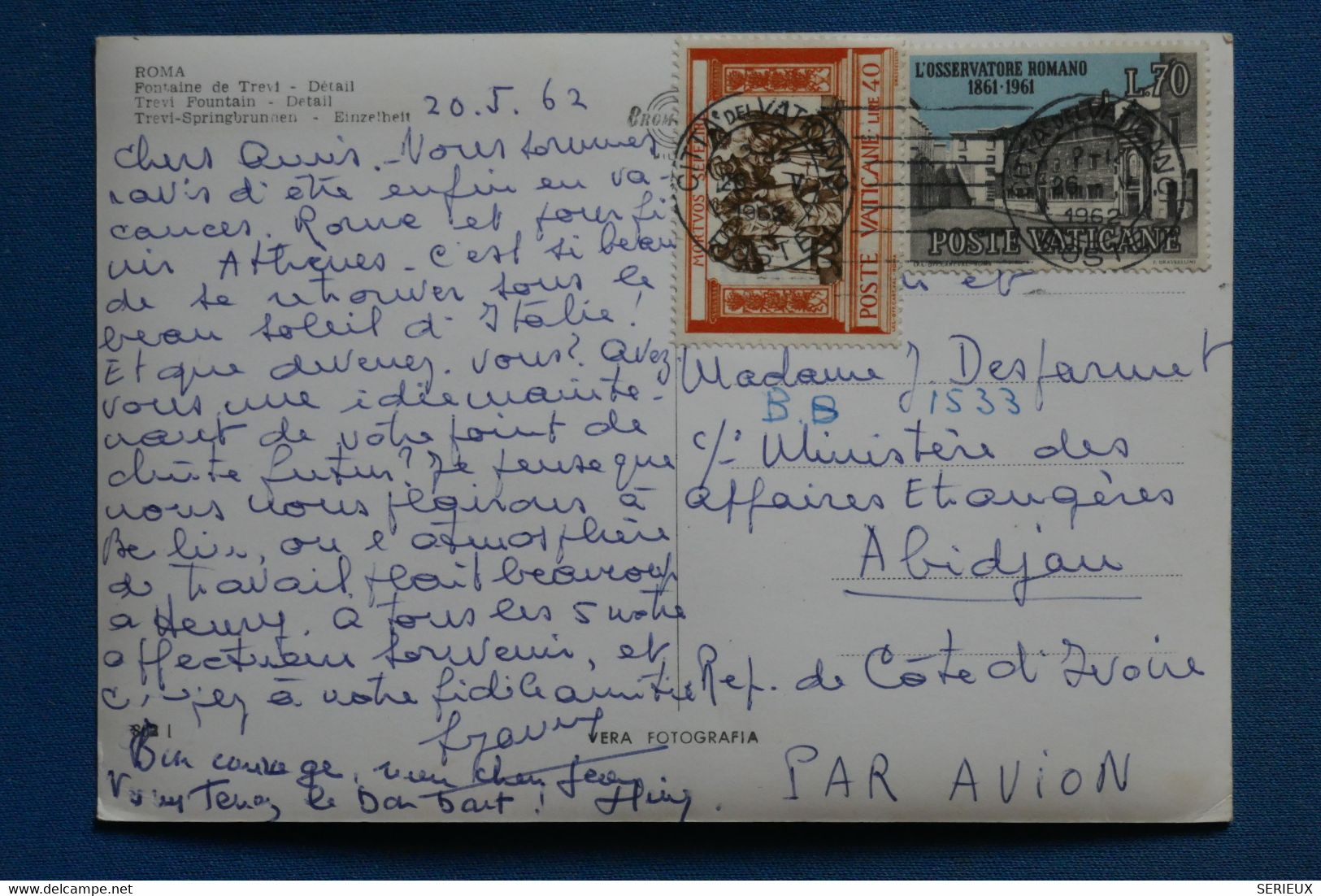 AS4 VATICAN   BELLE CARTE 1962 ROMA POUR ABIDJAN COTE IVOIRE +FONTAINE TREVI+AFFRANCH. PLAISANT - Brieven En Documenten