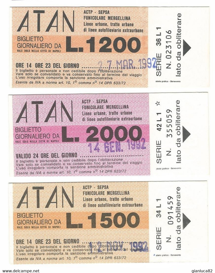 Lotto N. 3 Biglietti Giornalieri ATAN Anni 1992 (61) Come Da Foto Azienza Tranvie Autofilovie Napoli ATAN - Europa