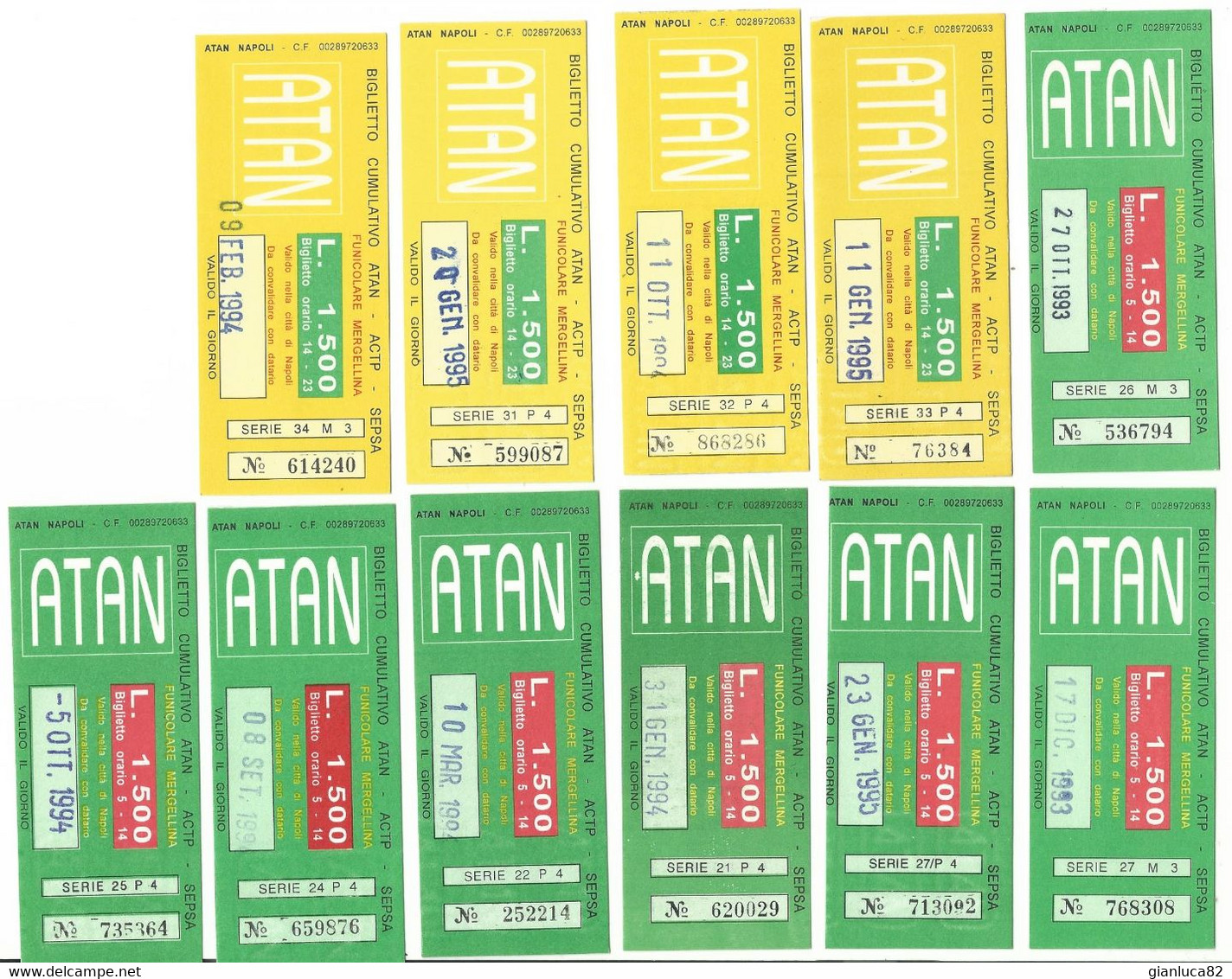 Lotto N. 11 Biglietti Orari ATAN Anni 1993-1995 Diversi Per Serie (65) Come Da Foto 1500 Lire Verde E Giallo - Europe