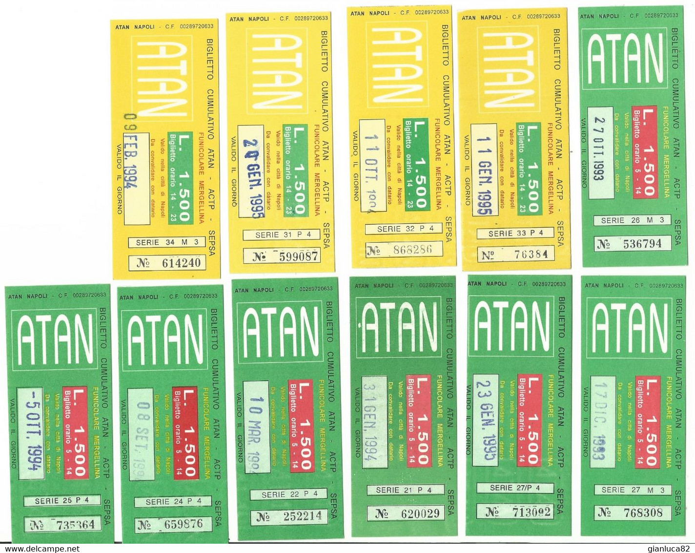 Lotto N. 11 Biglietti Orari ATAN Anni 1993-1995 Diversi Per Serie (65) Come Da Foto 1500 Lire Verde E Giallo - Europa